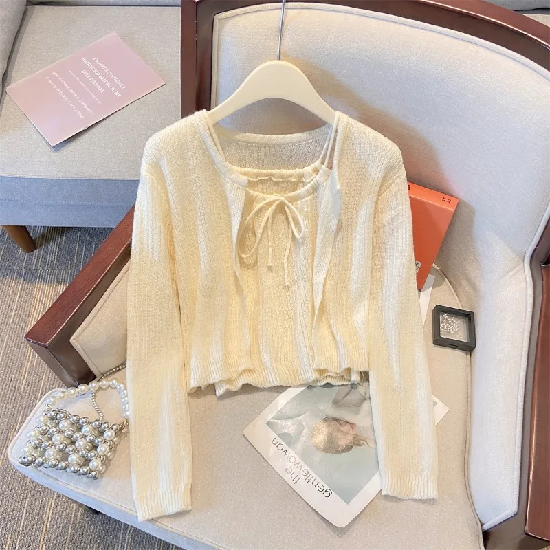 

Women's Korean Simple Solid Color Crewneck Lace Up Two Piece Suit Knitwear Set 2023 Autumn Gentle Chic Knitted Vest Cardigan Top