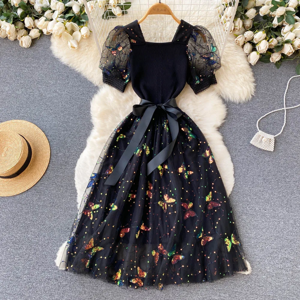 

Puff Sleeve Dress Autumn Women's Waist Print Bow Square Neck A-Line Dress
