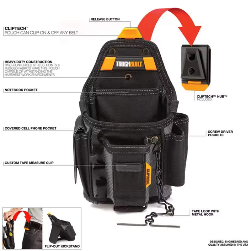 TOUGHBUILT TB-CT-34 Small Electrician Pouch Adjustable 13 Pockets 6-Layer Construction Multifunctional Storage Tool Bag