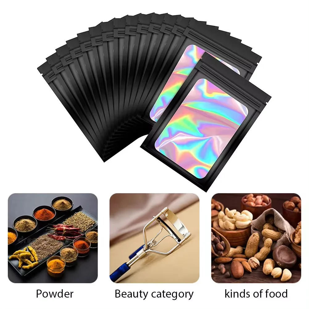 100pcs Resealable Smell Proof Bags Plastic Holographic Bags for Party Favor Jewelry Food Storage Foil Pouch Bags 2