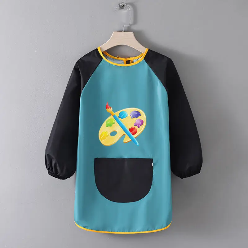 Kids Paint Apron Artist Uniform for Children Working Pocket Waterproof Apron for Painting Baby Eating Brush Pattern Sleeved Bib 2