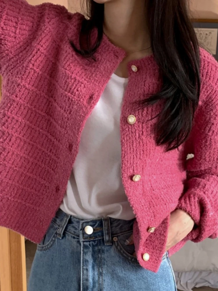 

2023 Spring and autumn new vintage small fragrant round neck texture woven sense design loose long sleeve short knit sweater
