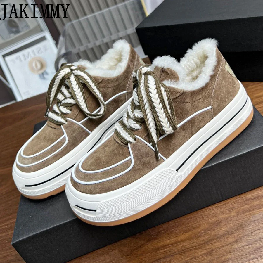 

Thick Sole Wool Fur Flats Loafers Shoes Women Suede Lace Up Warm Platform Sneakers Casual Party Vacation Walking Shoes For Women