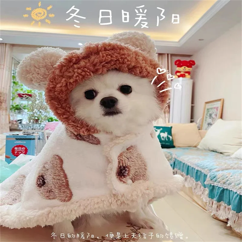 Dog windbreaker with hat small dog clothes lovely bear cloak warm blanket
