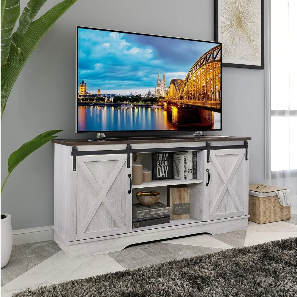 TV Stand, Storage Cabinet with Sliding Barn Doors and Adjustable Shelves, Modern 28”H, Sargent Oak 3