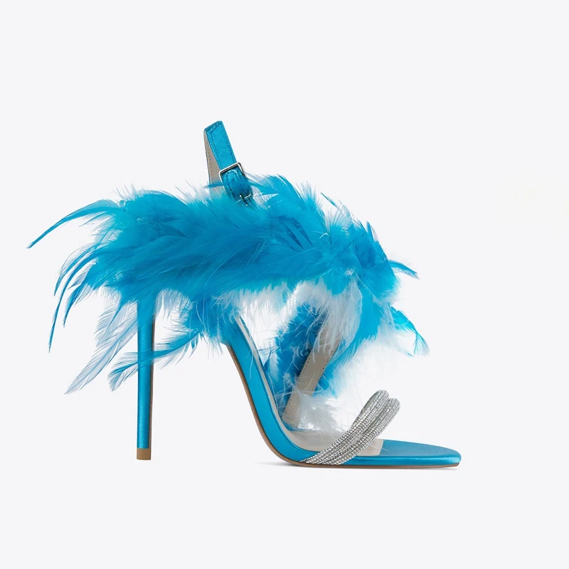

Summer Blue Bird fur Crystal Strap Sandals peep Toe silk Back Strap Cutouts Stiletto Heel feather banquet Runway Women Shoes