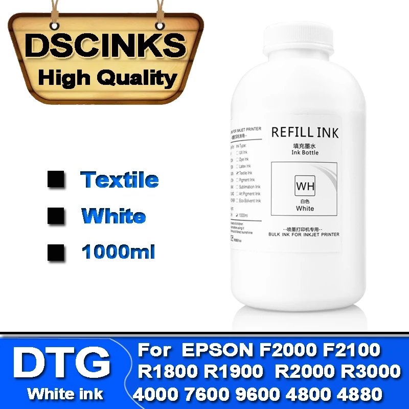 

DTG Textile Ink 1000ml white ink For Epson F2000 F2100 R1800 R1900 R2000 R3000 4000 7600 9600 4800 4880 L1800 DX5 DX6 printer