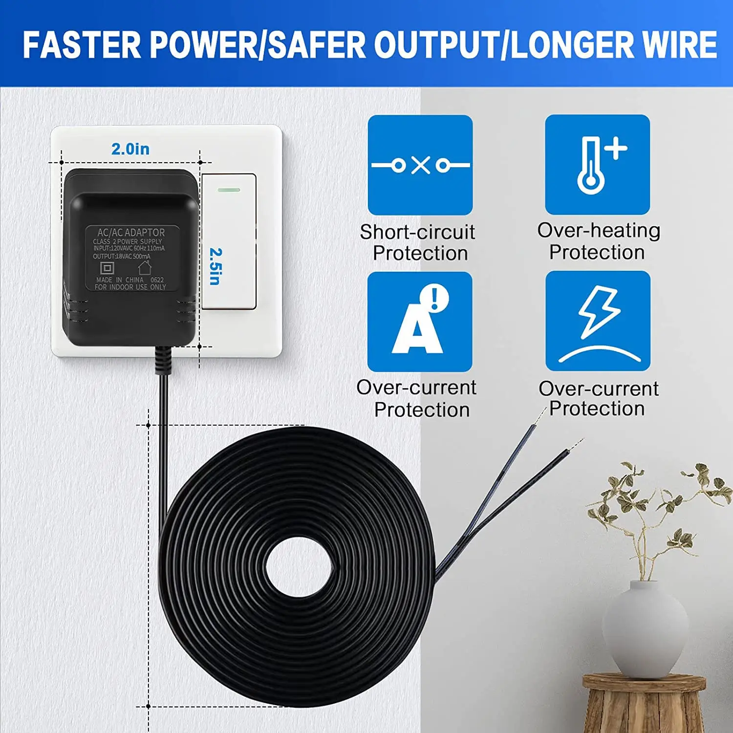 Deurbel, transformatoren, 24 V/500 mA, wit AC voeding, transformatorkabel, Smart Home accessoires, compatibel met Ring, video-deurbel, 8 m