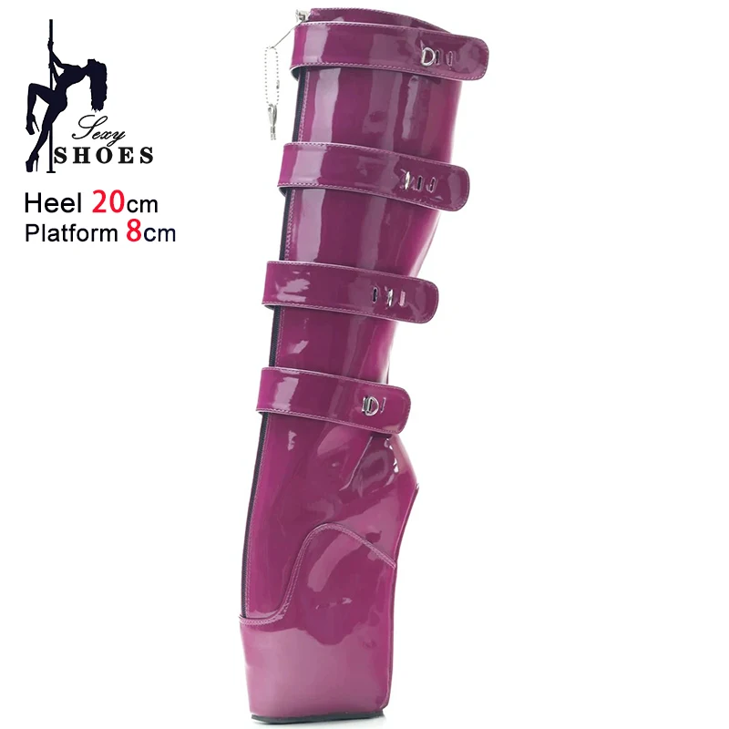 Woman ballet Boots Hoof Sole Heelless Fetish Gold Shoes 20CM High Heel Platform Knee High Lockable Slave Boots Big Size 44 45 46