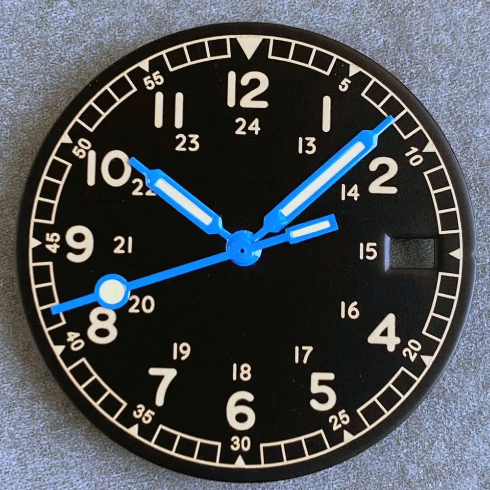 Vintage 29mm Black and White Field Watch Dial with Date Window and Hand Set
