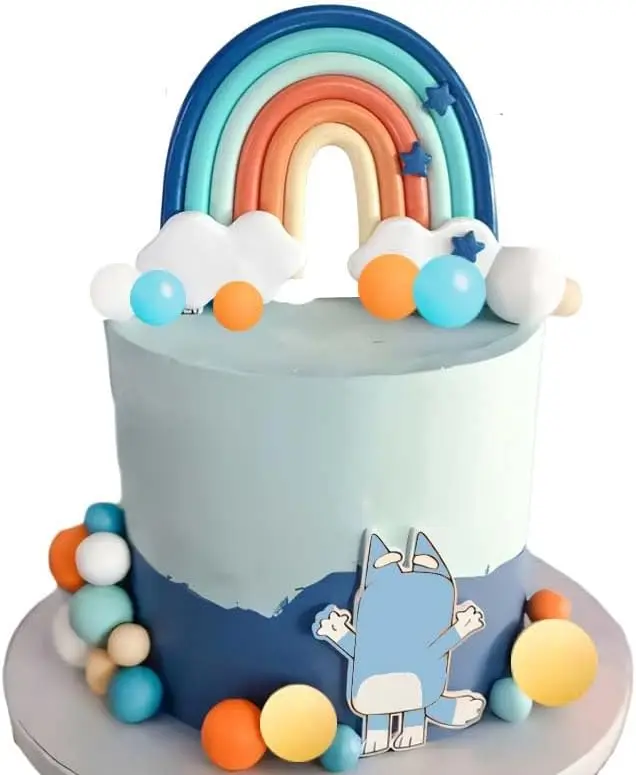 14 Stück blaue Regenbogen-Kuchenaufsätze mit orange-weißen Kugeln für Hundeburtstagstorte, Dekorationen, Babyparty, Partyzubehör – Detail 5