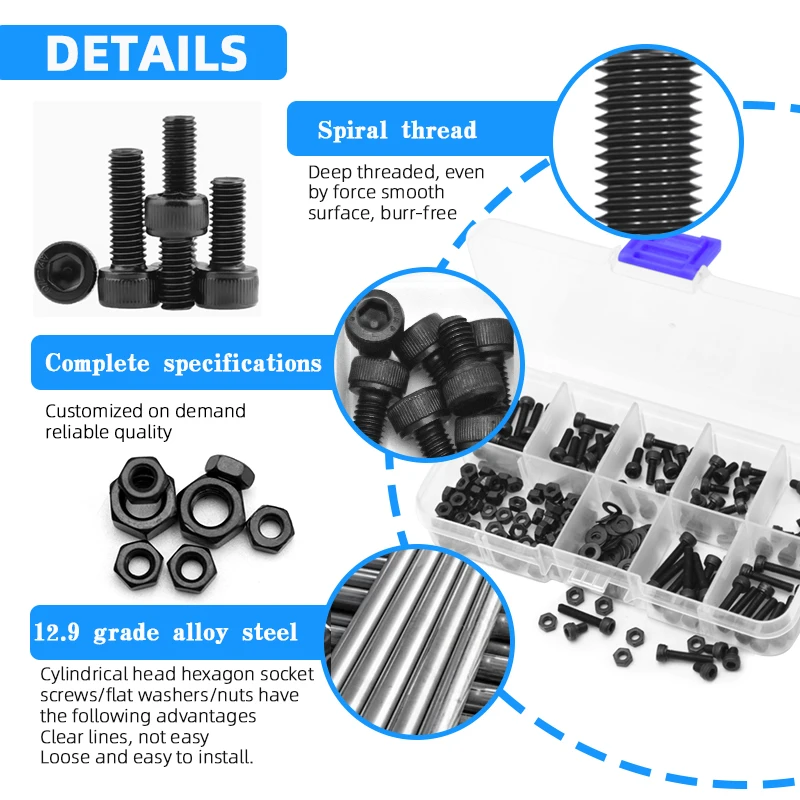 High Strength 12.9 Grade Black Hex Socket Head Cap Screws with Flat Washer and Nut Assortment Kit M2.5-M5 for Industrial Machine
