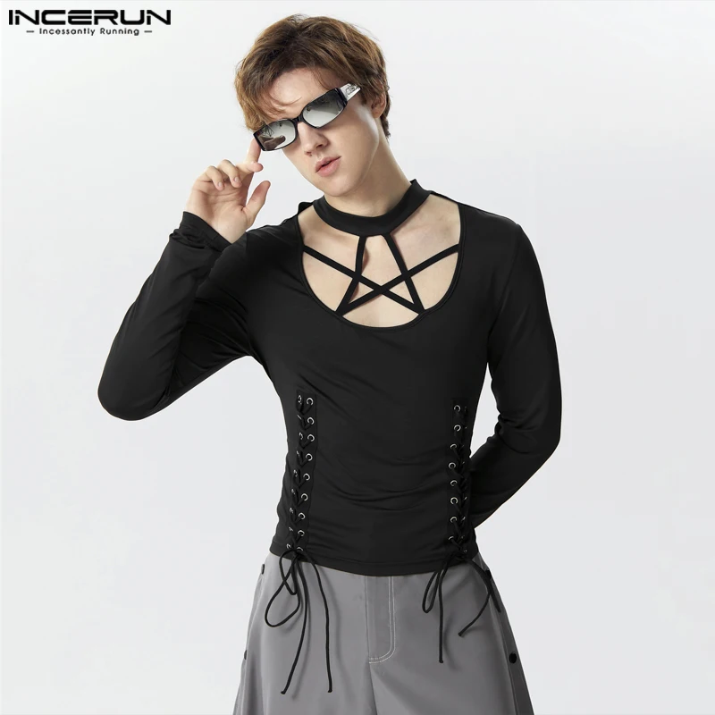 

Футболка INCERUN мужская с круглым вырезом, однотонная Повседневная рубашка с длинным рукавом, с вырезами, модная уличная одежда, со шнуровкой, 2024