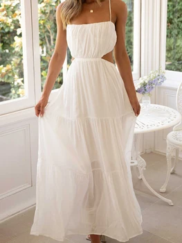 Women's Summer Cami Dress Solid Color Spaghetti Strap Waist Cutout Open Back Long Dress 1