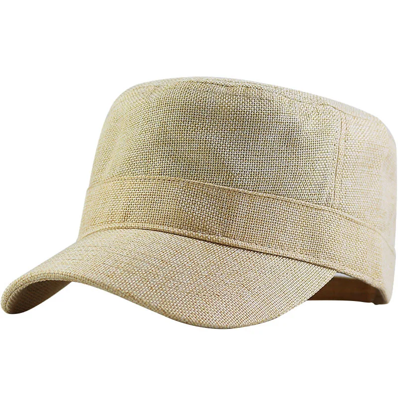 2021 Summer Cool Thin Faux Linen Flat Top Sun Hat Men Big Size Army Military Cap 56-60cm 60-66cm 2