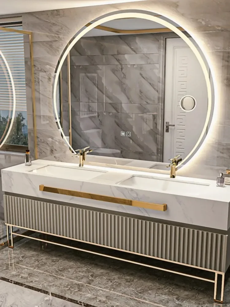 *Rock Plate Bathroom Cabinet Seamless Ceramic Basin Combination Hotel Style Modern Simple Solid Wood Floor Bathroom