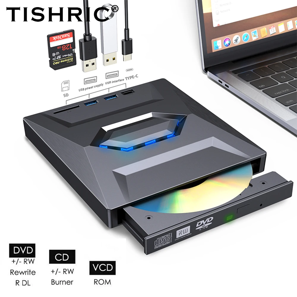 TISHRIC 외장 CD 플레이어, B21-Y 외장 광학 드라이브, C 타입, USB3.0 DVD 드라이브, DVD, CD-ROM RW 리더, 라이터 버너