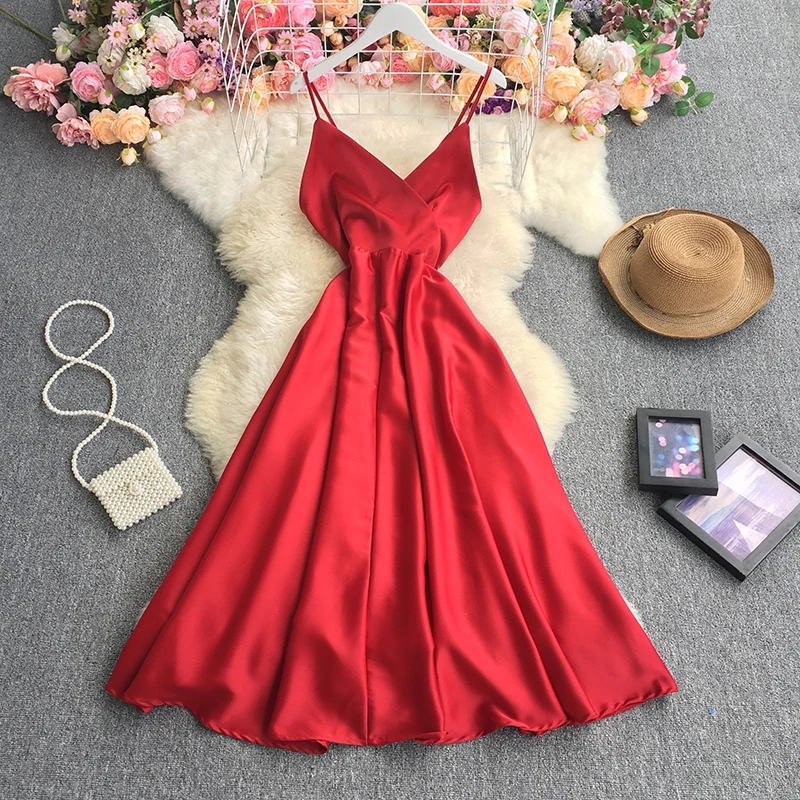 

Summer Fashion Celebrity Elegant Slip Skirt Large Swing Dress Sleeveless High Waist Solid Color Long Dress 2023 fashion women'
