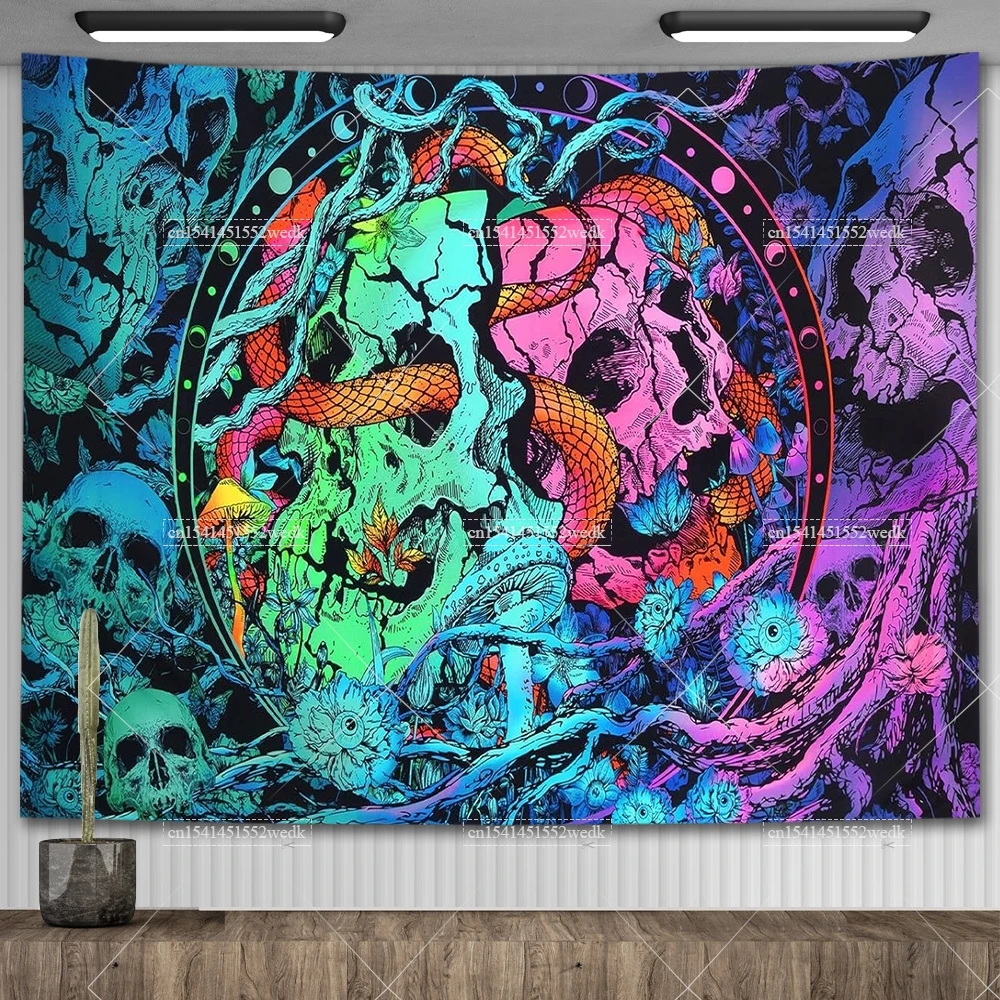 Skull Snake Moon Phase Wall Tapestry Gothic Mushroom Polyester Home Decor