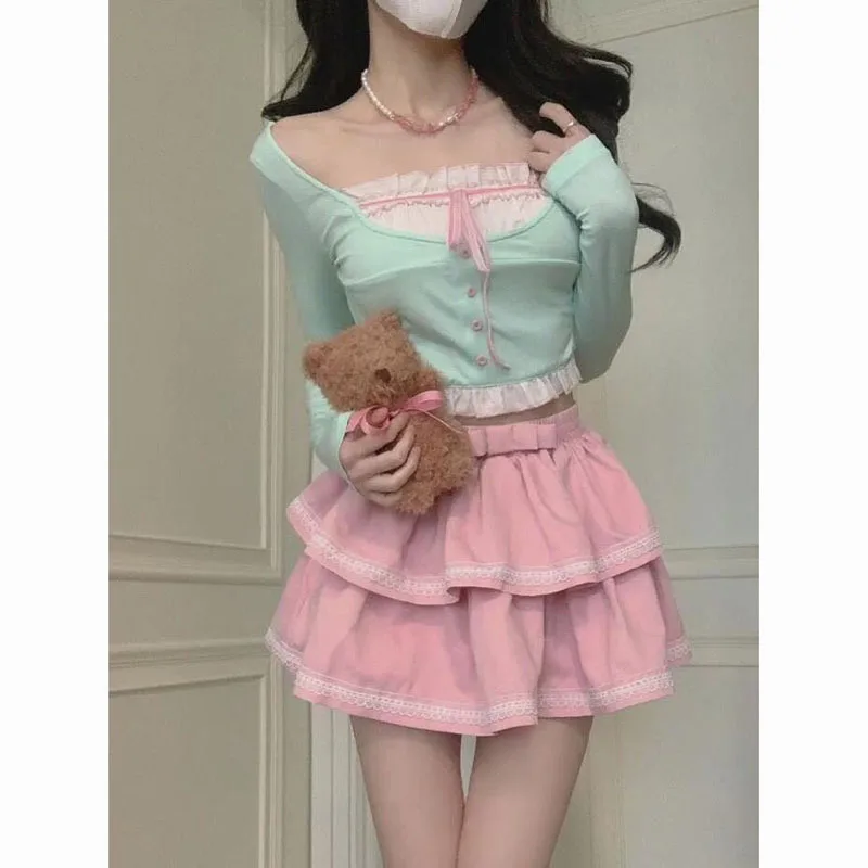 Sweet Lolita Style Skirt 2-Piece Set For Women 2000 Short Knitted High Waist Pink Mini Cake Skirt Retro Clothing Japanese Suit