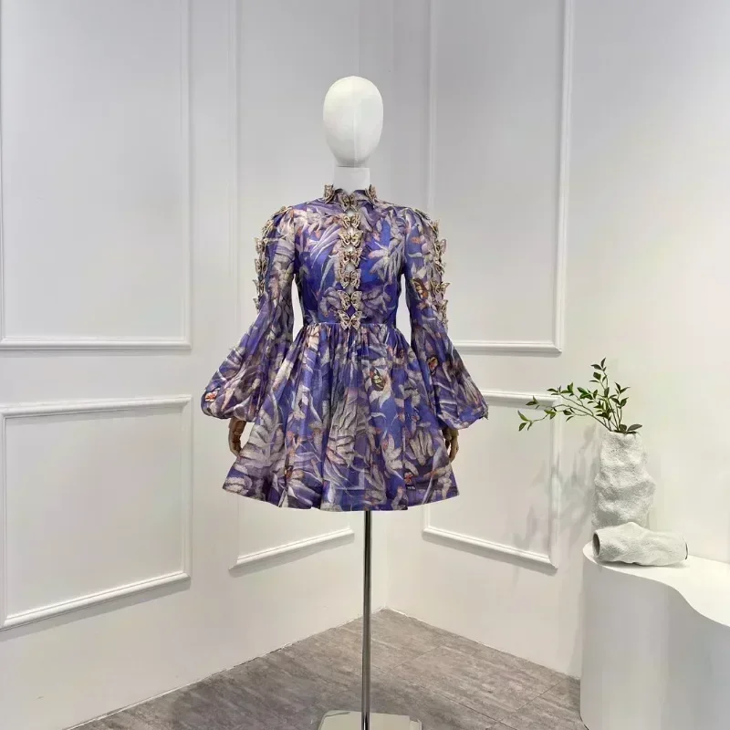 

Purple 2023 Spring Summer New Linen Silk Top Quality Vintage Butterfly Appliques Long Lantern Sleeve Mini Dress for Woman