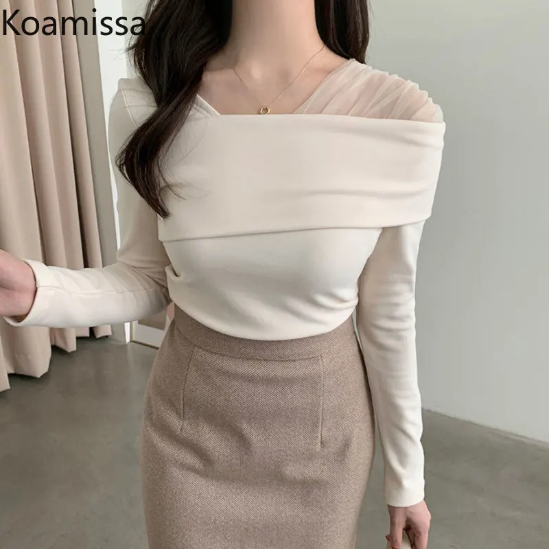 

Koamissa Elegant Women Gauze Patchwork Blouse Office Lady Off-shoulder Longj Sleeves Shirt Female New Spring Autumn Blusas Tops