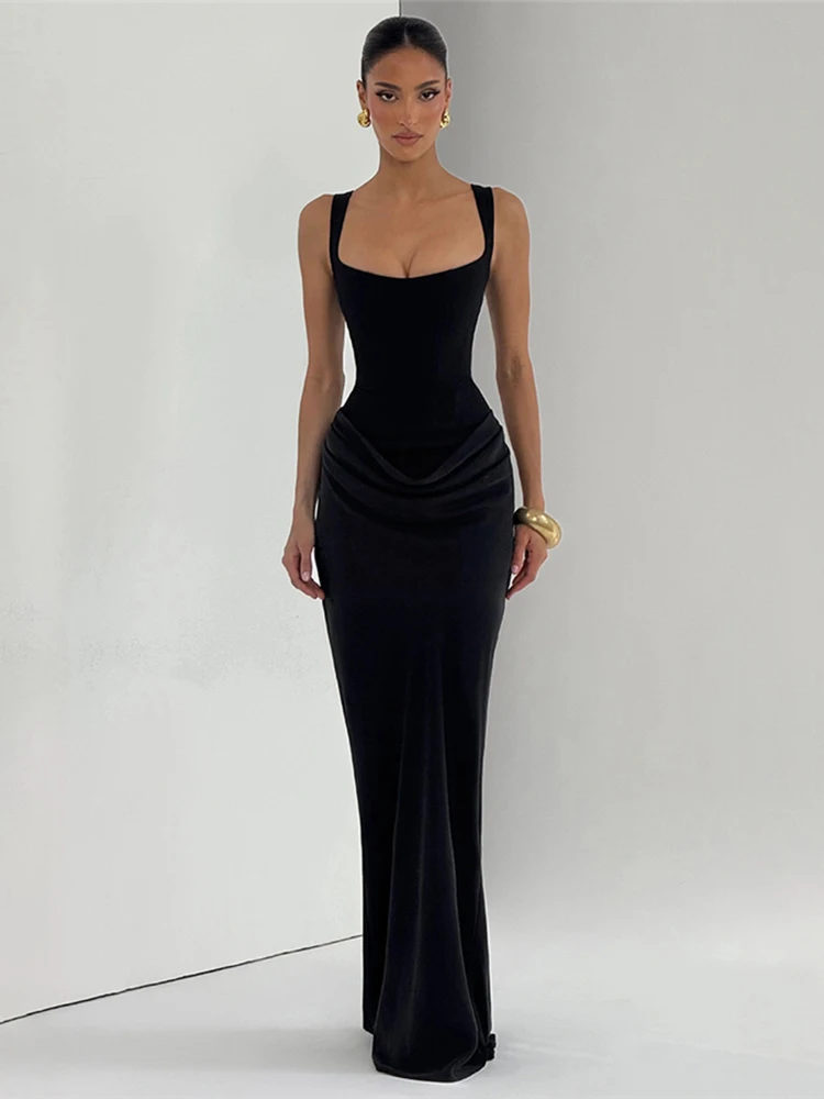 Nibber Fake Fake Decoration Maxi Dress Sleeveless Backless Low-Neck Folds Elegant Banquet Simple Classic Skinny Chic Vestidos