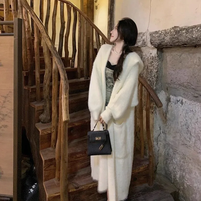 Thick hooded knitted cardigan jacket for knitted sweater autumn and winter women's gentle and lazy style knee length coat - Image 5