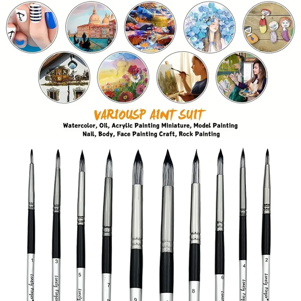 Round Watercolor Paint Brushes Set - Professional 10pcs Gouache Paint Brush for Artist, Acrylic, Miniature, Face Painting 3