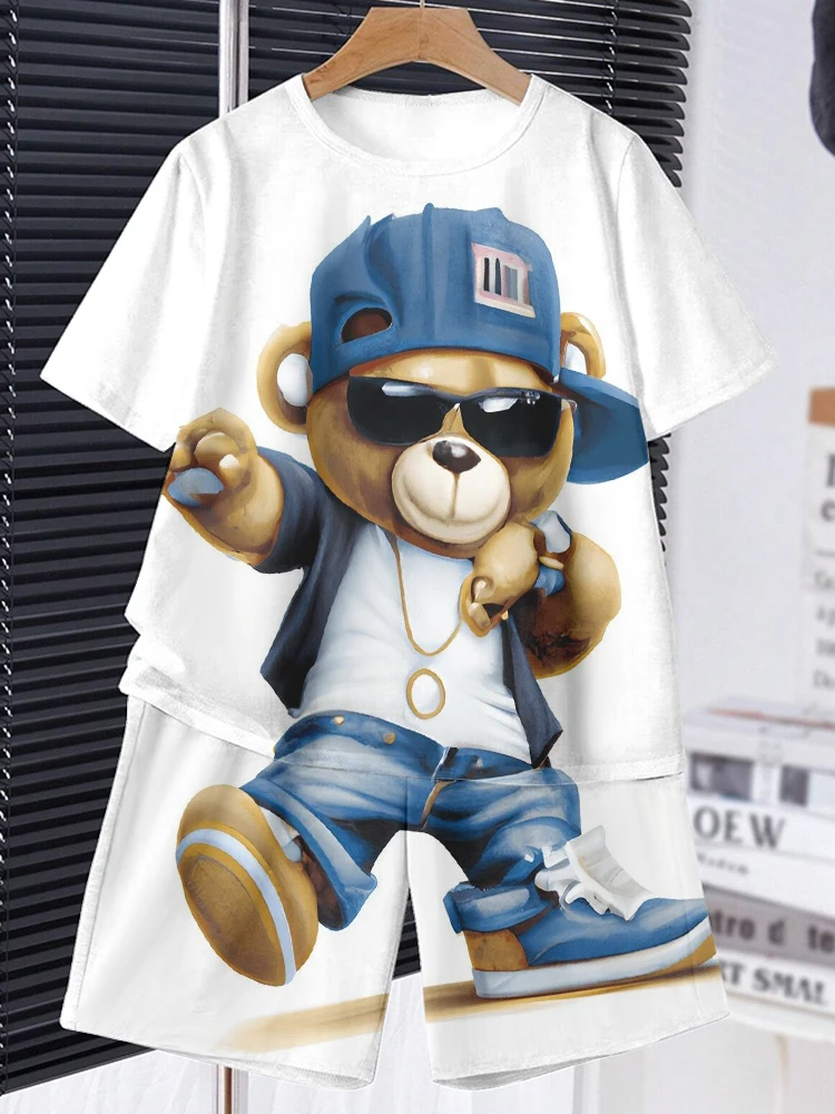 Anime Trend Bear Print Short Sleeve T-shirt Shorts 2 Summer Men's Fashion Street Short Sleeve Suit Heat Insulation Anti-wrinkle 3