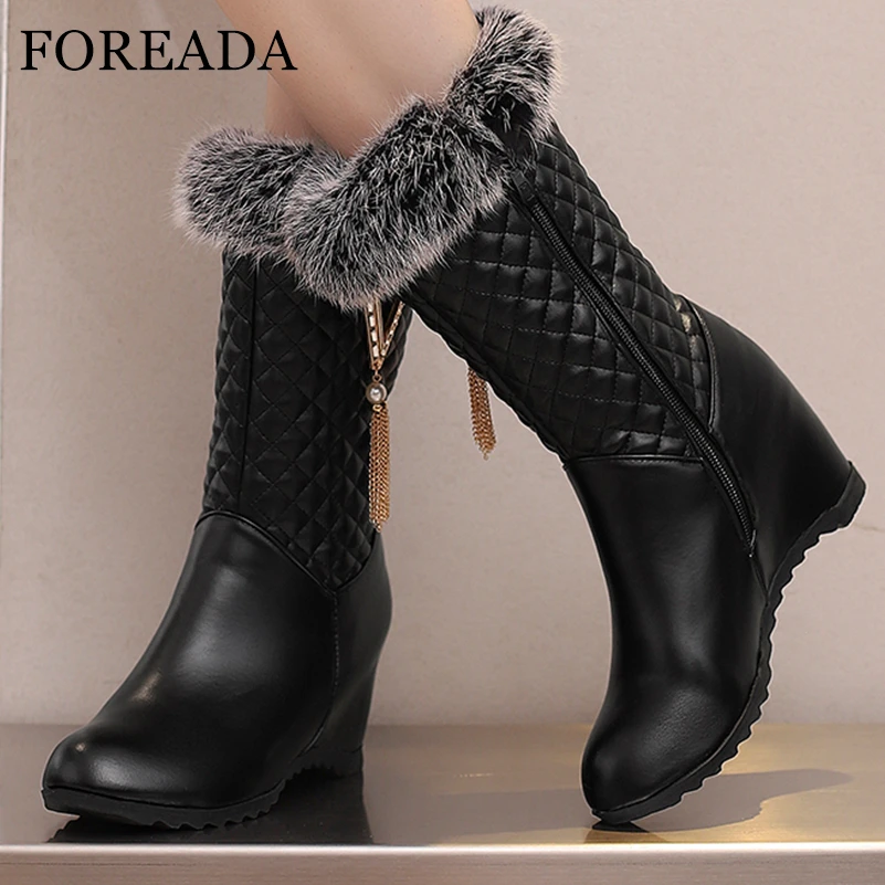 

FOREADA Women Warm Mid Calf Boots Round Toe Height Increasing High Heels Zipper Metal Decoration Ladies Fashion Shoes Winter 43