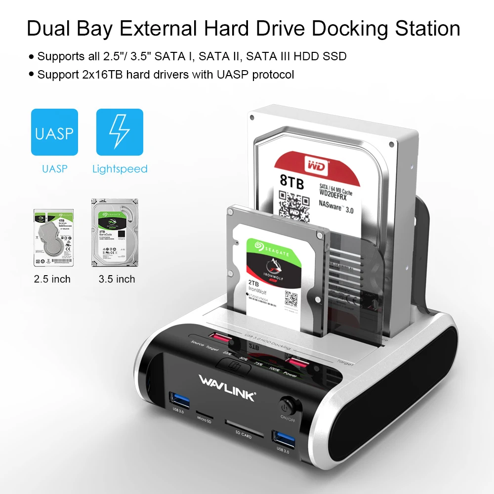 Wavlink-듀얼 베이 USB 3.0 to SATA 하드 드라이브 인클로저 SATA HDD 도킹 스테이션 HDD 박스, 오프라인 복제 및 UASP, 2.5 3.5 HDD SSD 용