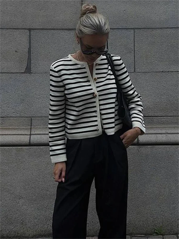 Suéter de punto a rayas, cárdigan, abrigo para mujer, suelto, de manga larga, a la moda, ajustado, con parches en contraste, prendas de vestir exteriores, abrigo de punto de verano