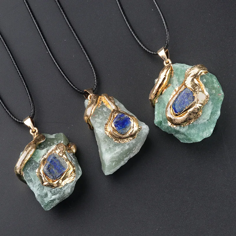 Rough fluorite pendant necklace on natural rope
