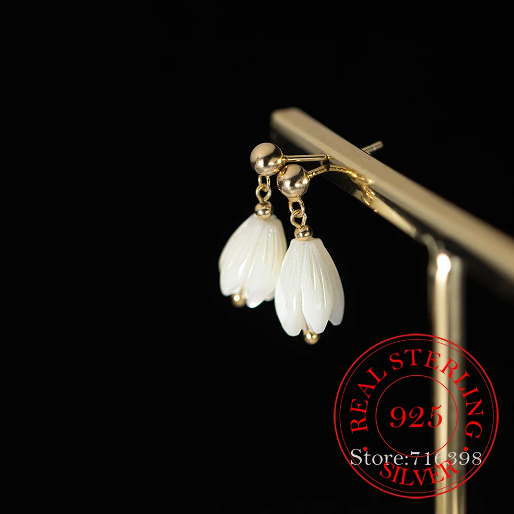 

S925 Sterling Silver Silver Bead Shell Tulip Flowers Stud Earrings For Women Kids Wedding Party Jewelry Gift Female Pendientes