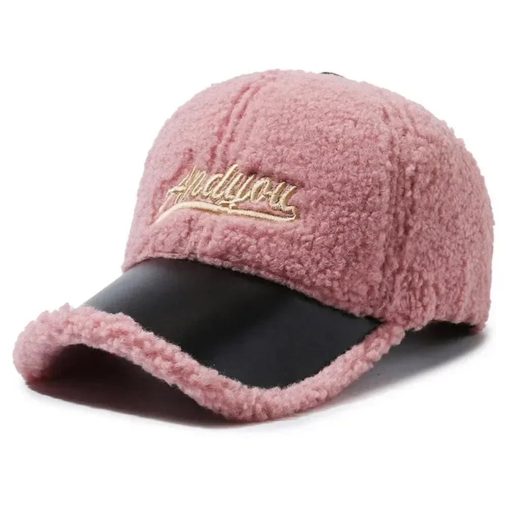 Men Women Lamb Wool Embroidery Letter Baseball Cap Autumn Female Winter Warm Outdoors Fashion Snapback Adjustable Hat Casquette