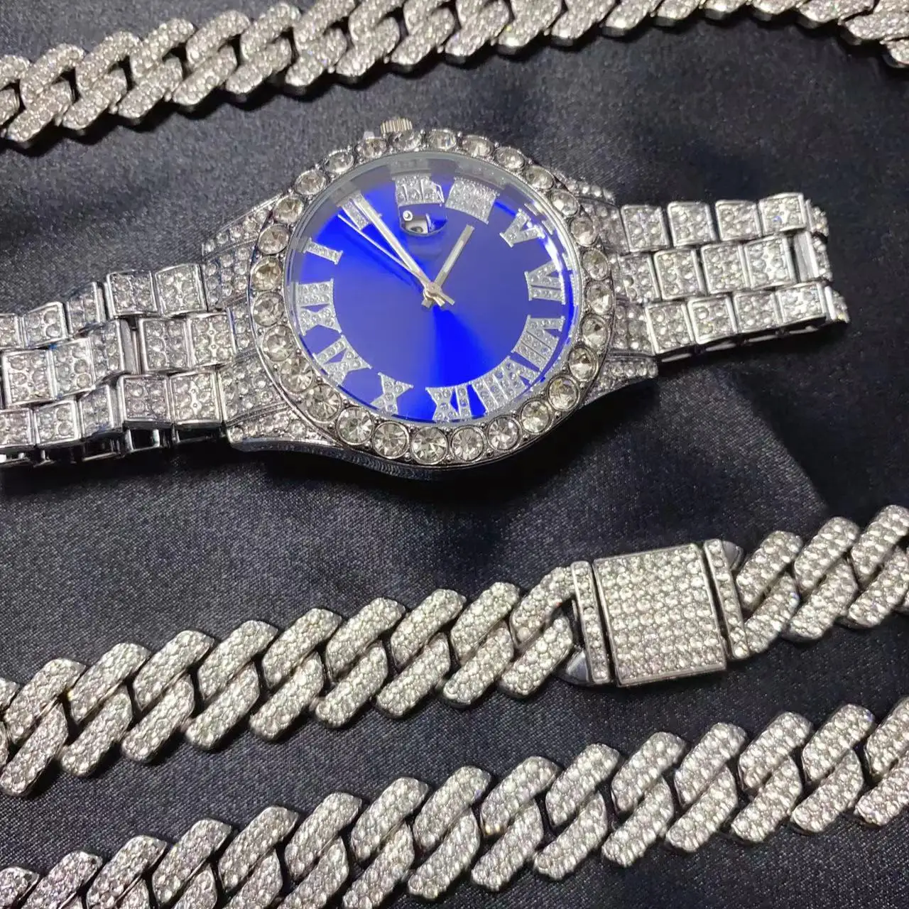 3PCS Hip Hop Calendar Luxury Watch Necklace Bracelet Jewelry Set for Men Bling Gold Silver Diamond Man Box Iced Out Cuban Chains