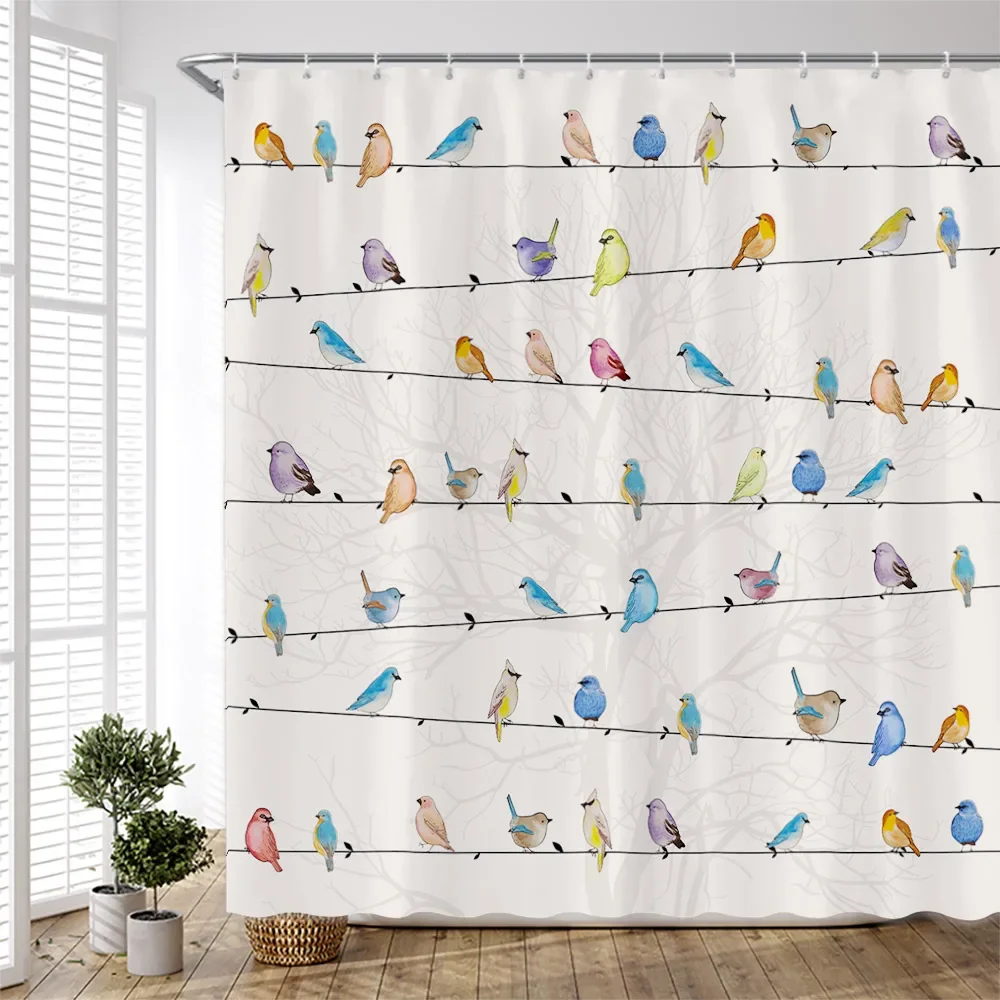 Cartoon Colorful Birds Shower Curtains Creative Design Watercolor Printing Chinese Style Cloth Bathroom Curtain Set Simple Decor shower curtains