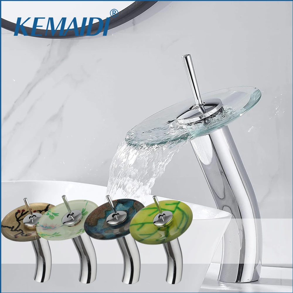 

KEMAIDI Bathroom Vessel Faucet Tap for Sink Chrome Waterfall Glass Spout Single Lever Lavatory Basin Mixer Taps Commercial