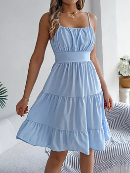 Casual Vacation Ruffled Camisole Dress Spring Summer Women's Solid Dresses for 2026 Valentine's Day Woman Clothing Pink Blue 1