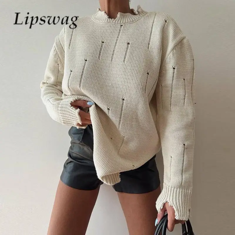 

Fashion Women's Long Sleeve Loose Versatile Sweater Early Autumn Solid Color Knitted Pullovers Y2K Casual Ladies Ripped Sweater