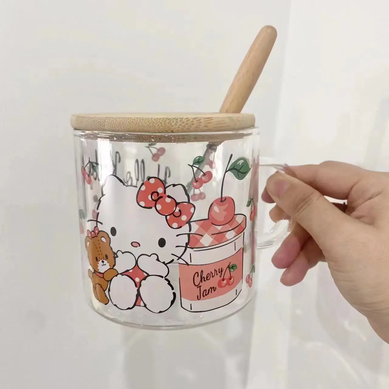 Hello Kitty Glass Cup with Lid and Straw Kawaii Transparent