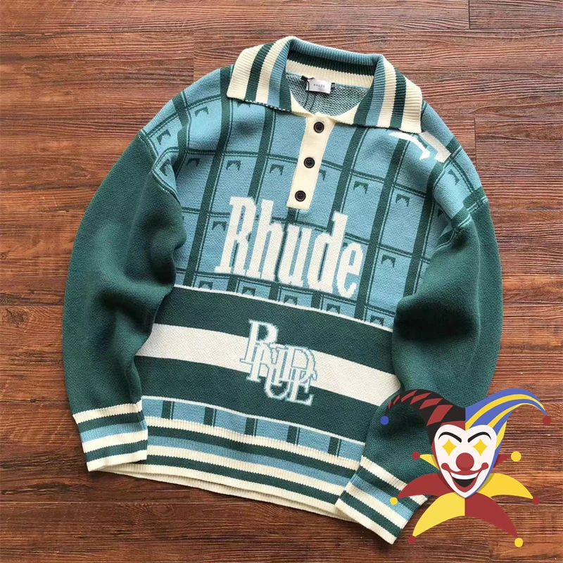 

Green Rhude Letter Jacquard Sweater Men Women Standing Collar Green Sweatshirts