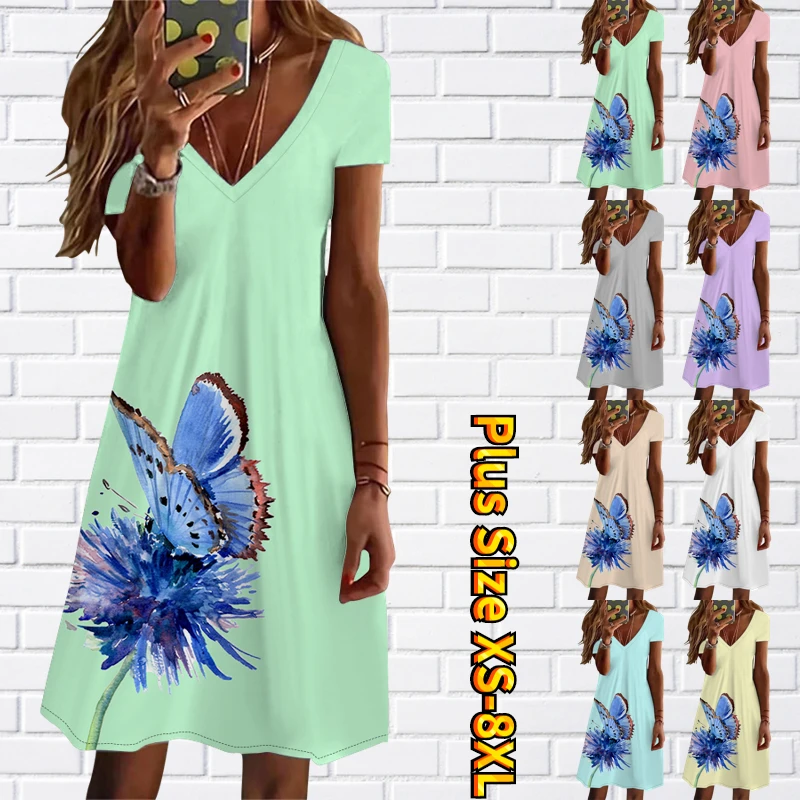 

2023 New Casual Print Dress Slim Fit Short Sleeve Knee Length Dress Women's Sexy Summer Fashion V-Neck Elegant Sexy Dress