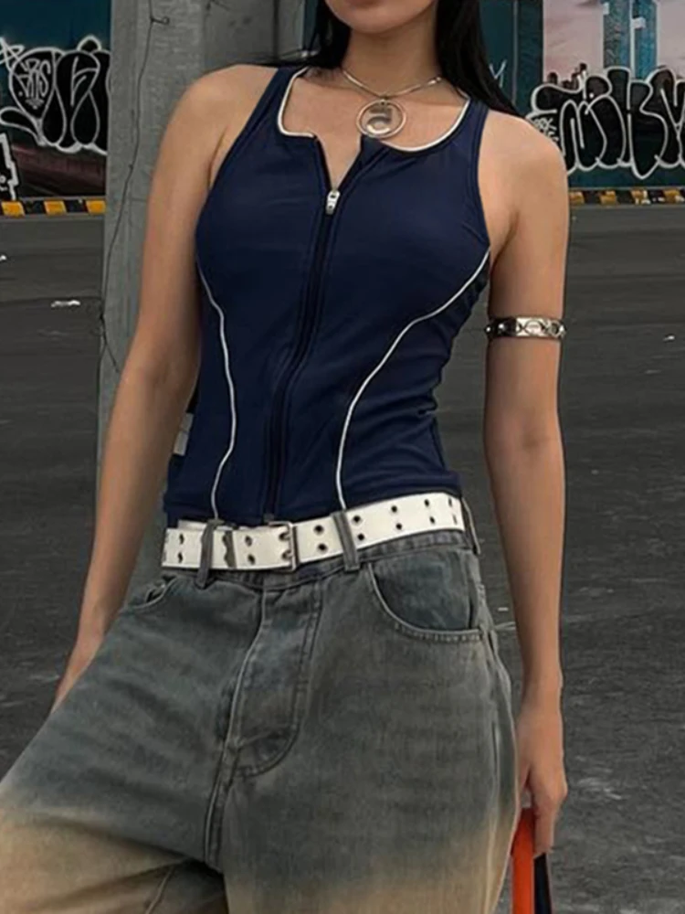 

WeiYao Dark Blue Sleeveless Zip Up Slim Casual Crop Racerback Vest Female Contrast Stripe Stitch Goth Streetwear Sweats Tops