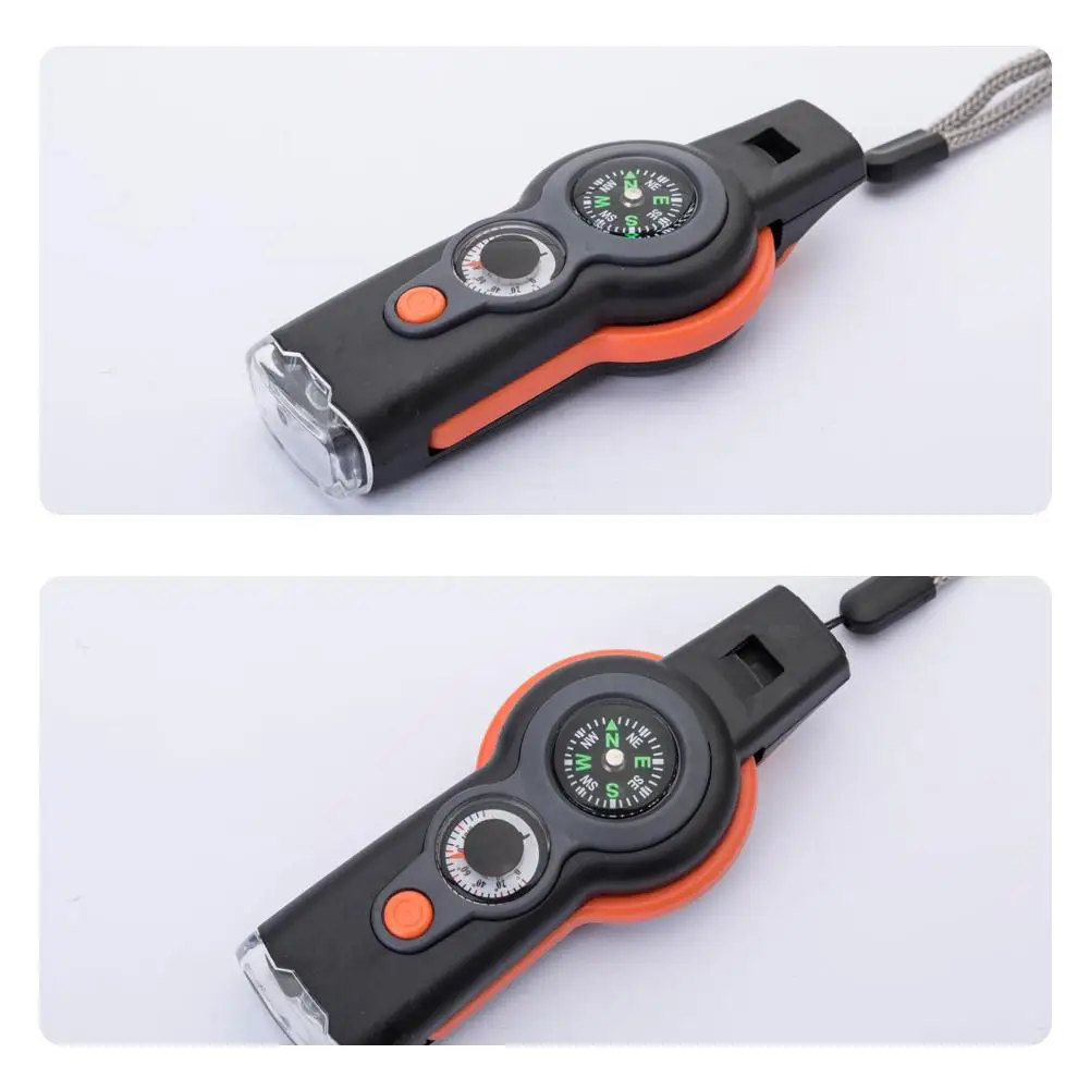 Description Picture 3 of item7 In 1 Multi-function Outdoor Whistle Army Green High Flashlig Signal Compass Thermometer LED Life-saving Mirror Decibel Wh F8L7