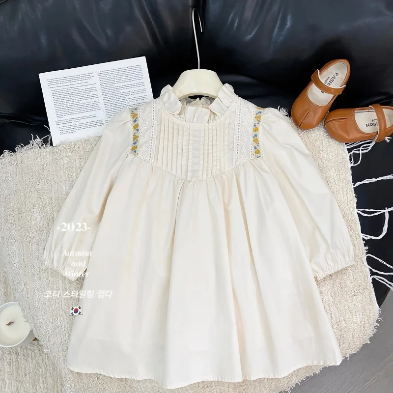 

Girls' Long Sleeve Dress Autumn Korean Version New Girls' Solid Color Lace Collar Children's Casual Dress Fashion Girls Dress