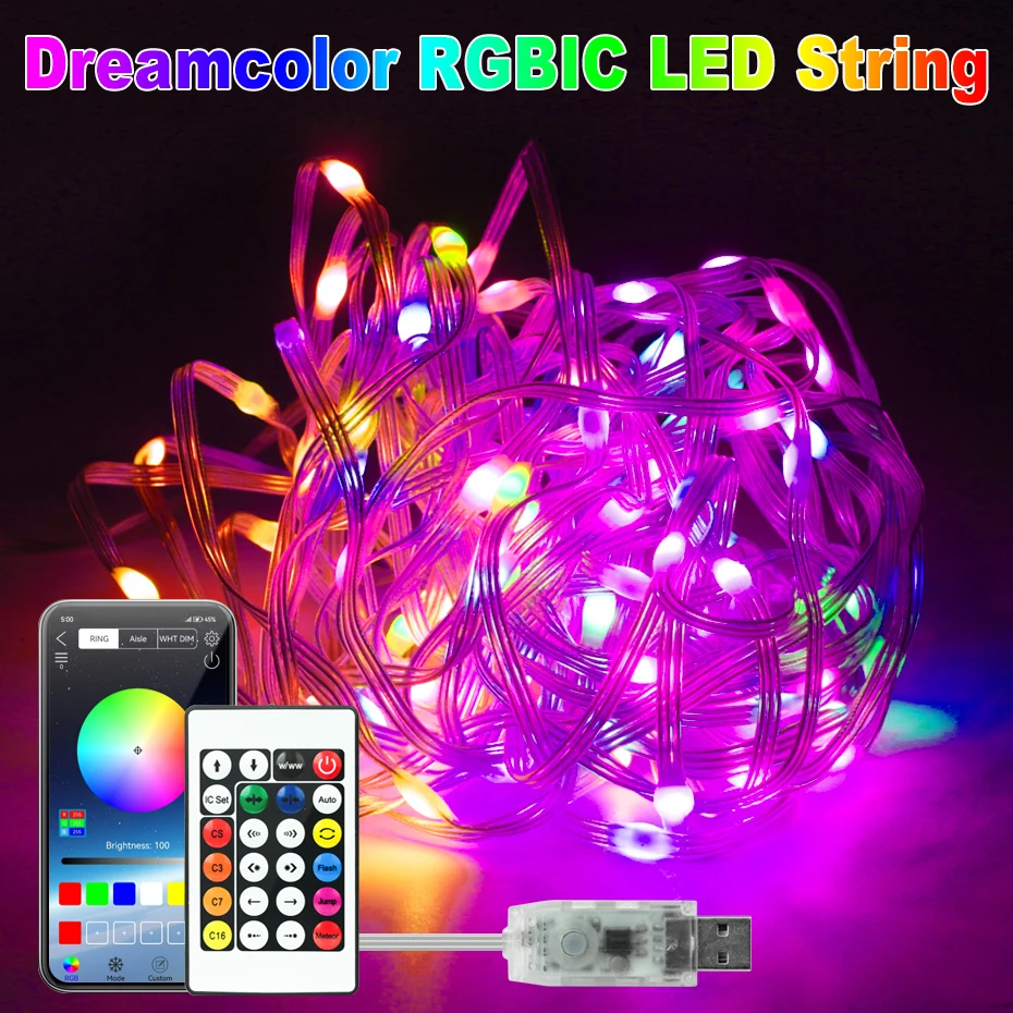 Dream Color LED String Lights USB Bluetooth Smart Music WS2812 RGBIC LED Fairy Light Waterproof IP67 for Party Christmas