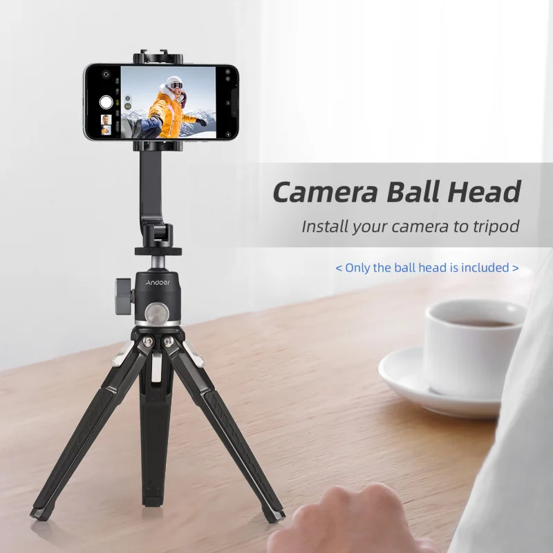 Andoer Mini Ball Head Tripod Ballhead Mount Adapter Aluminum Alloy 1/4 Inch Screw Connector with Bottom 1/4 Inch Thread 3kg Load