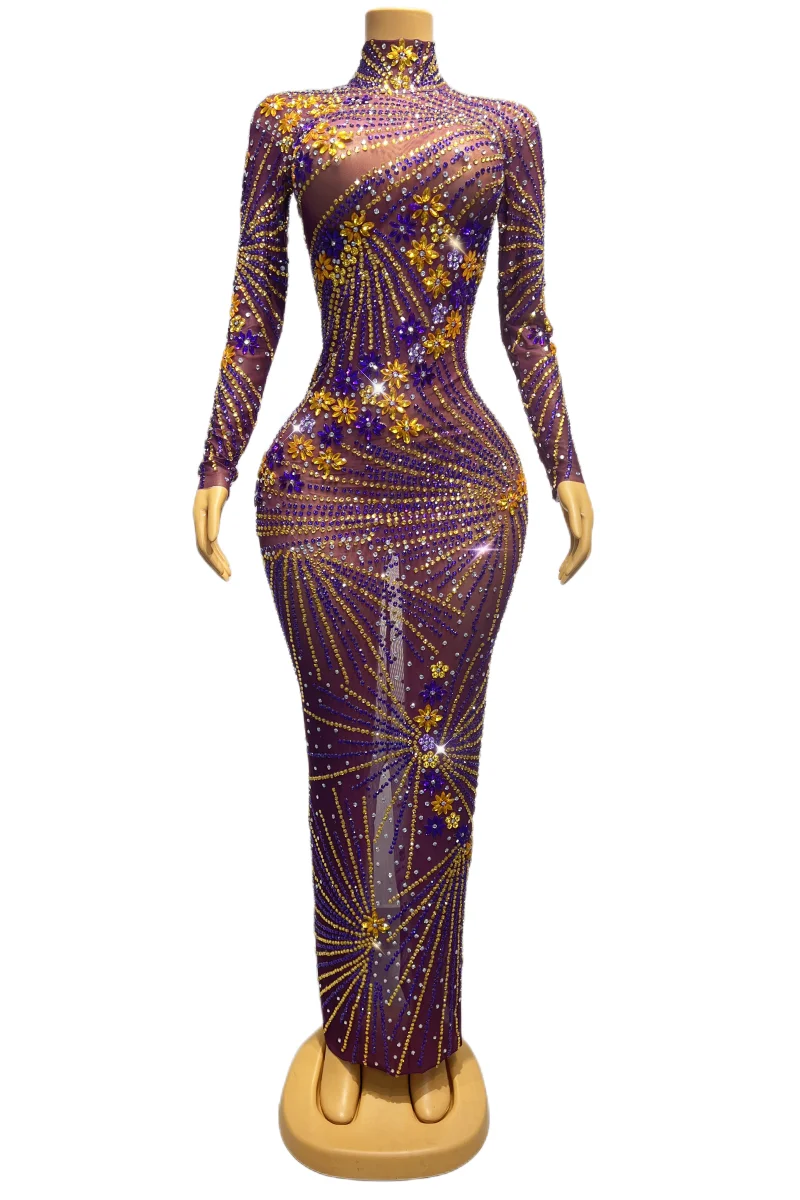 

Purple Gold Sexy Outfit Prom Party Clothes Rhinestones Transparent Long Sleeves Dress Birthday Celebrate